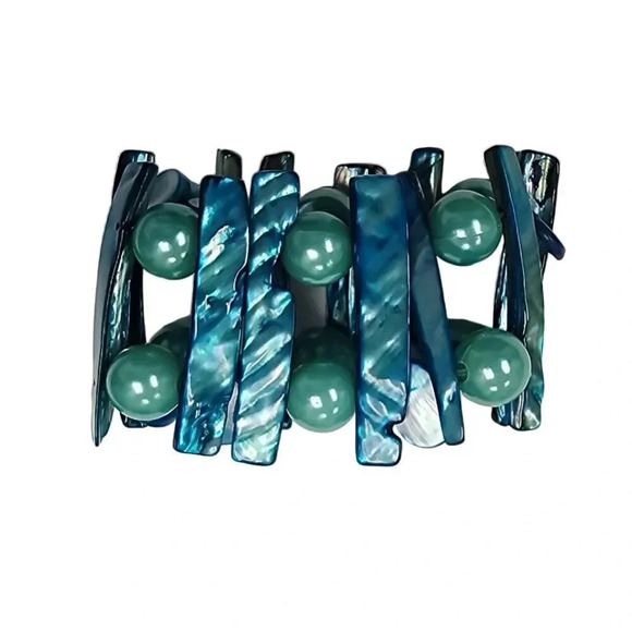 Vintage Blue Green Beaded Abalone Shell Stretch Bangle Bracelet - Picture 1 of 2